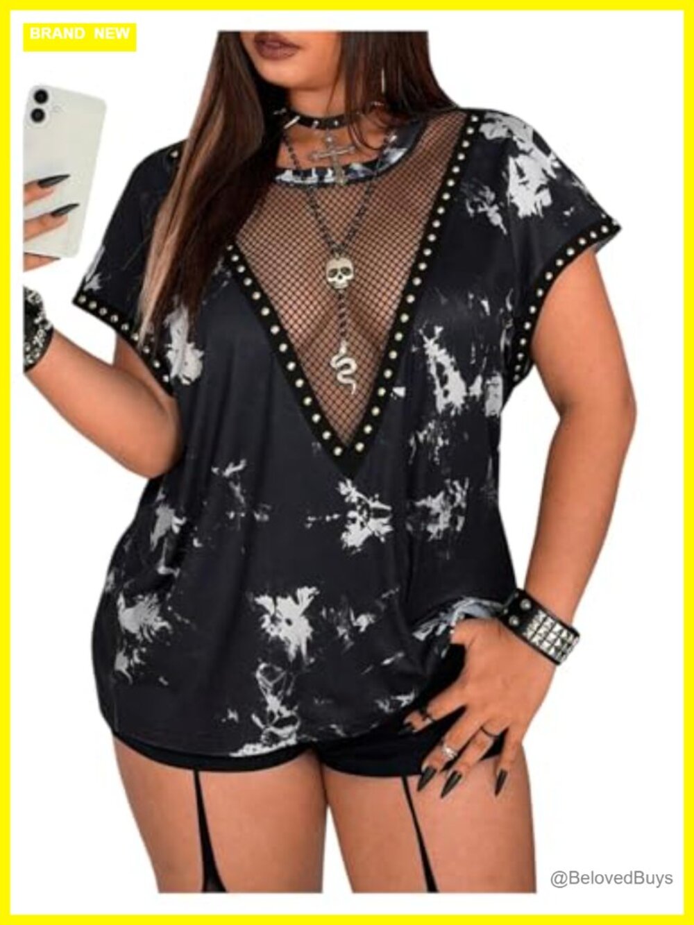 Plus Size Y2K Mesh Studded Tie Dye Short Sleeve Crew Neck Tee
